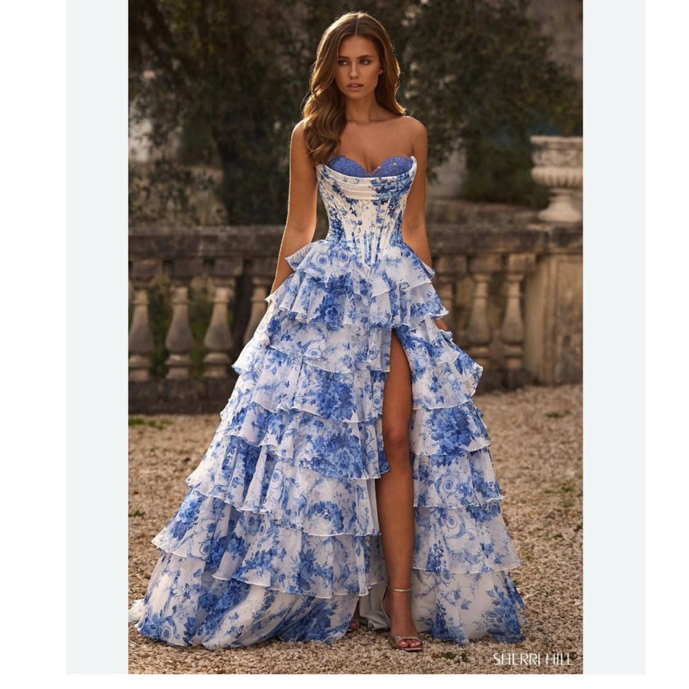 Elegant Blue Floral Ruffle Dress by Sherri Hill